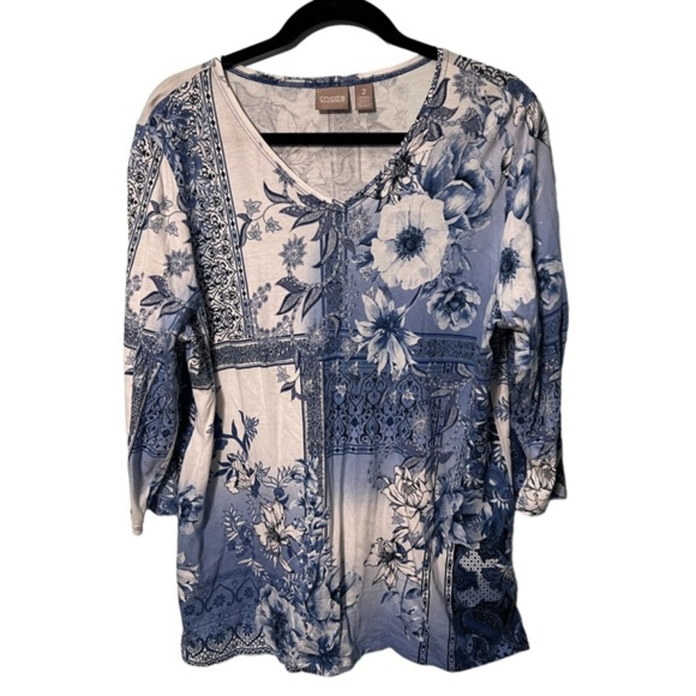 Chico’s Baby Blue 3/4 Sleeve Pull Over Floral Top Size Large